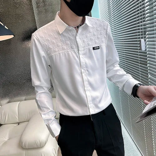 Bonsir Autumn Checkered Patchwork Men's Shirt Korean Fashion Slim Fit Long Sleeved Casual Shirts Streetwear Social Party Tuxedo