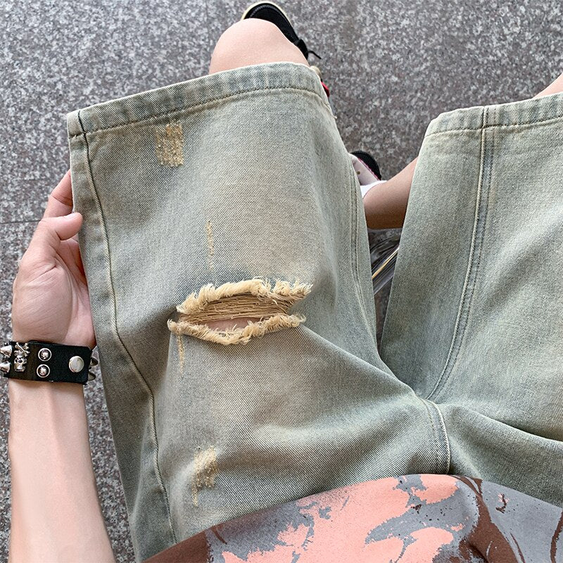 sanyamk American Washed Vintage Jean Short Man Loose Hollow Hole Distressed Denim Short Pants Men Summer Streetwear Y2k Shorts