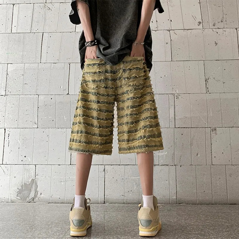 Bonsir New Men's Casual Shorts Rough Edge Contrast Striped Vintage Washed Shorts Streetwear Clothing Man