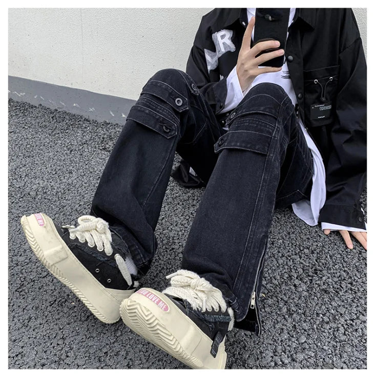 Bonsir American Style High Street Niche Style Zipper Jeans Men Trendy Brand Fried Street Loose Straight Tube Work Pants Design Sense
