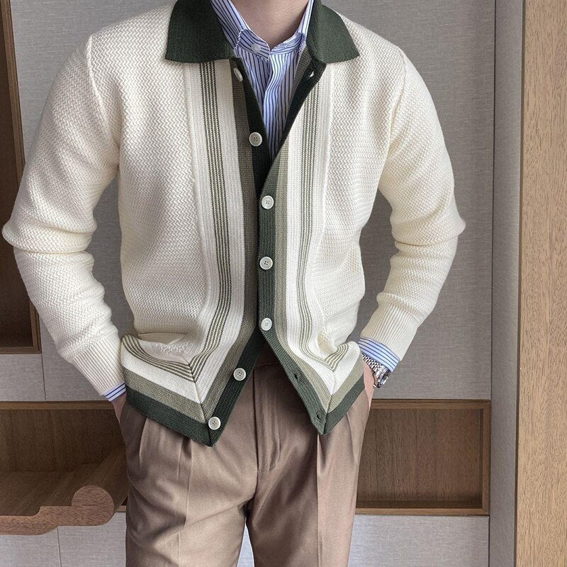 Bonsir Vintage Striped Jacquard Sweater Cardigans Men Autumn Fashion Button-down Turn-down Collar Knit Shirts Casual Slim Sweaters
