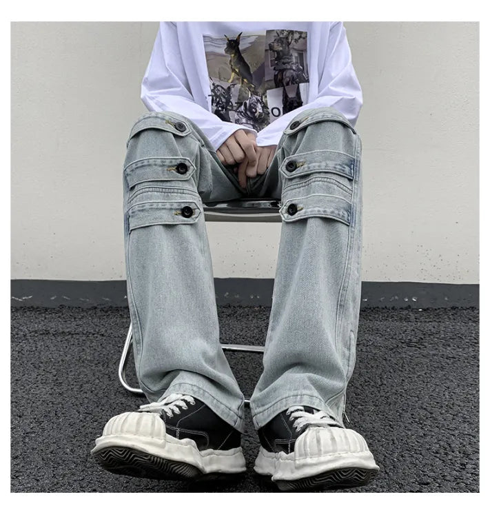 Bonsir American Style High Street Niche Style Zipper Jeans Men Trendy Brand Fried Street Loose Straight Tube Work Pants Design Sense