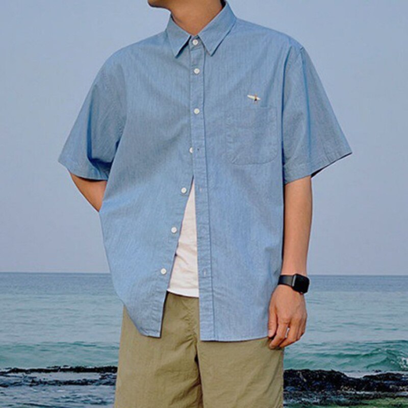 sanyamk Vintage Men's Stylish Washed Lapel Denim Shirts Korean Style Summer Male Solod Color Short Sleeve Tops New Trendy