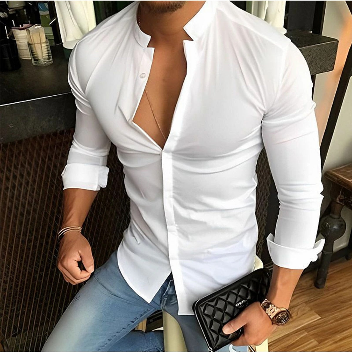 Bonsir Men's Long Sleeve Shirts Casual Streetwear Stand Collar Shirts Solid Color Tops