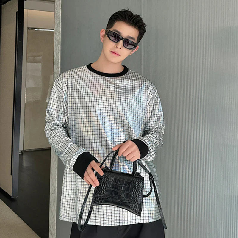 sanyamk - Korean Men's Round Collar T-shirt Fashion Bright Face Design Plaid Trend Long Sleeve T-shirts Pullover Top Trend 9C5122