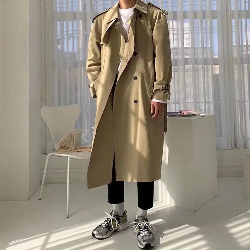 sanyamk Khaki Black Trench Coat Men Oversized Fashion Casual Long Coat Men Streetwear Korean Loose Windbreaker Jacket Mens Overcoat