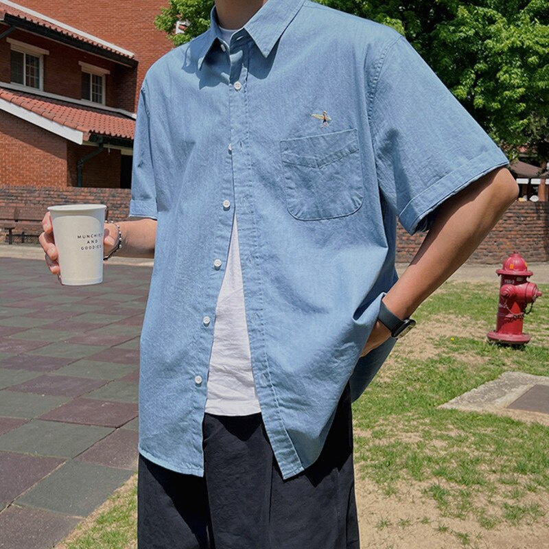sanyamk Vintage Men's Stylish Washed Lapel Denim Shirts Korean Style Summer Male Solod Color Short Sleeve Tops New Trendy