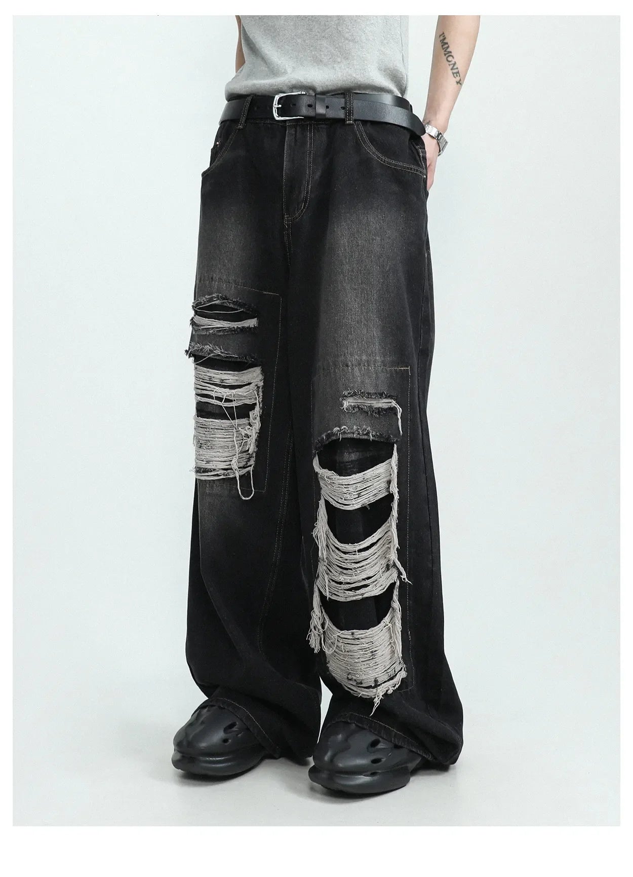 sanyamk American High end Perforated Denim Pants for Men's Design Sense Small and Loose Wide Leg Straight Leg Pants hiphop