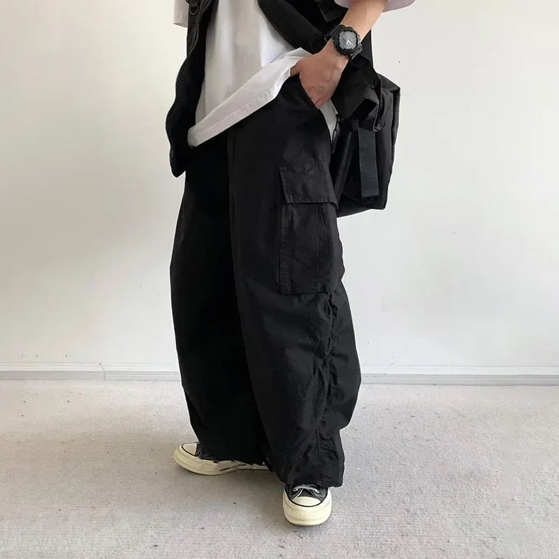 sanyamk Japanese Wide Leg Cargo Pants Men Vintage Oversize Cargo Trousers Male Loose Casual Streetwear Hip Hop Pocket Autumn