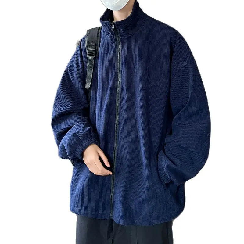 sanyamk Autumn Vintage Corduroy Jackets Men Japan Style Casual Loose Outerwear Solid High Collar Zipper Coat Fashion Oversize Clothing