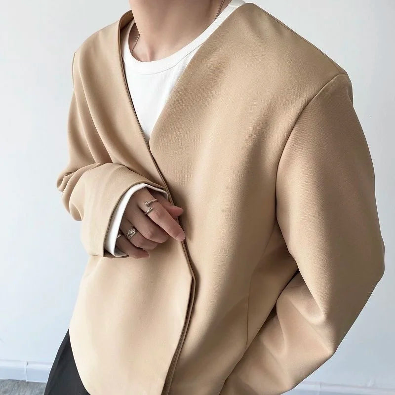 sanyamk - Personality Spring Men's Collarless Short Suit Coat New Simple Trend Black Oversized Asymmetric Breasted Clothes Y2242