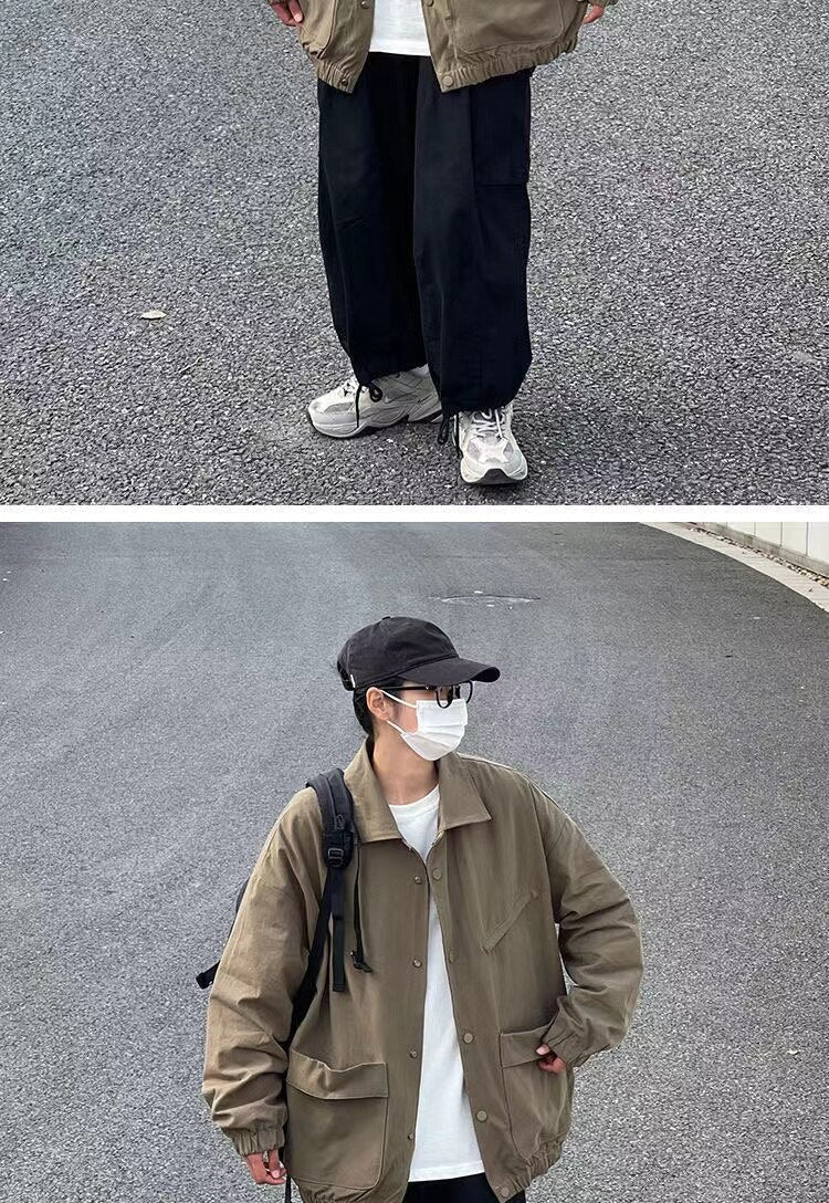 sanyamk Men's Japanese Vintage Lapel Collar Cargo Jackets Work Clothes Harajuku Loose Casual Coats Solid Color Outerwear M-2XL