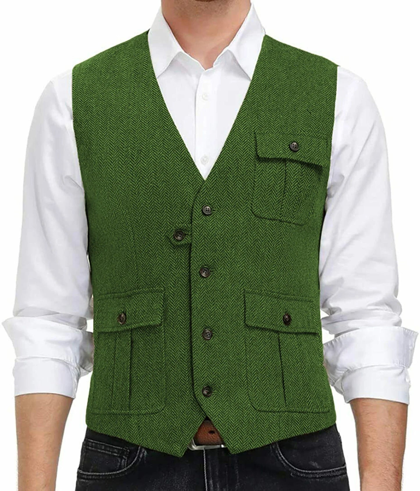 sanyamk Light Blue New Men Vest Wool Tweed Casual Waistcoat Formal Business Vest For Wedding Groomsmen Party Banquet Suit
