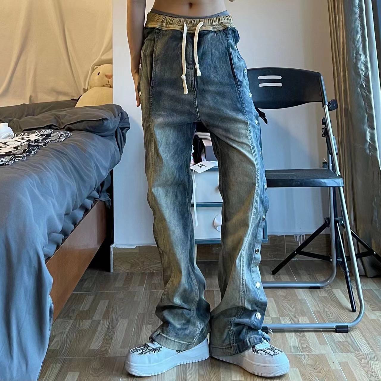 sanyamk Men's American Street Hip Hop Jeans Drawstring Denim Causal Pants Tide Wash Retro Loose High-quality Trousers Size S-3XL