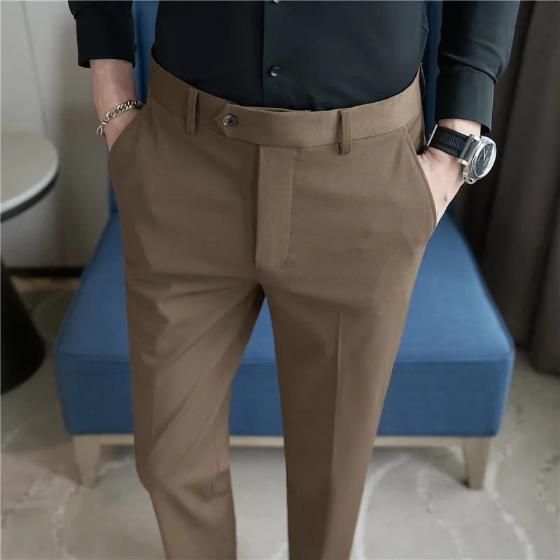 sanyamk - New Fashion Men's Pencil Pants Slim Fit Stretch Trousers Solid Korean Style Handsome Wedding Business Work Casual Suit Pant