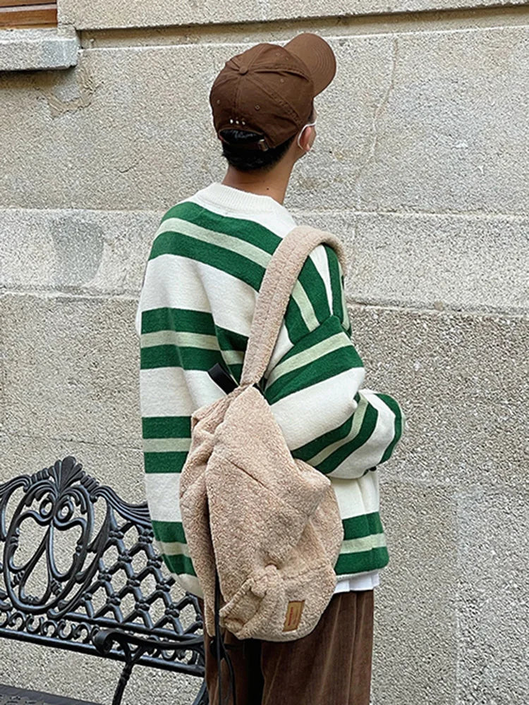 Bonsir - Green Loose Stripe Design Casual Sweater New Autumn Winter Korean Tide Men's Round Neck Kintting Tops Cvintage 2A0224