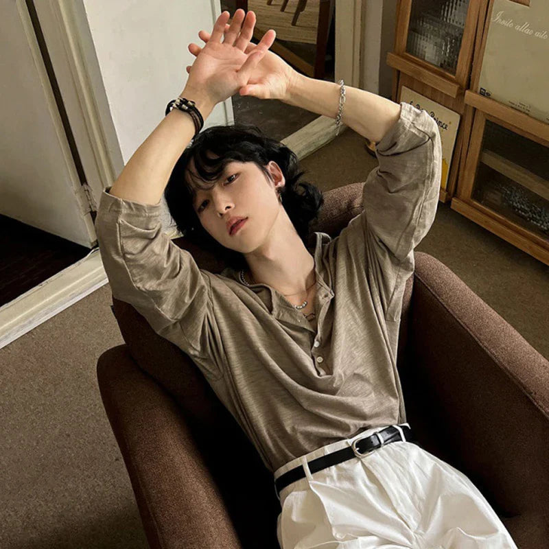 sanyamk - Korean Style Men's T-shirts Loose Button Design Pullover Tops Casual Solid Color Long Sleeve Male Tees Simple New 9C6913