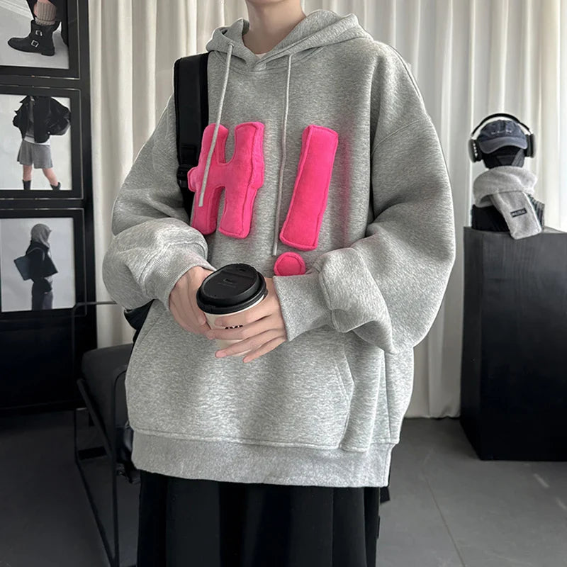 sanyamk - American Style Men's Hoodies Three-dimensional Letter Hooded Drawstring Contrast Color Pullovr Male Sweatshirts New 9C8035