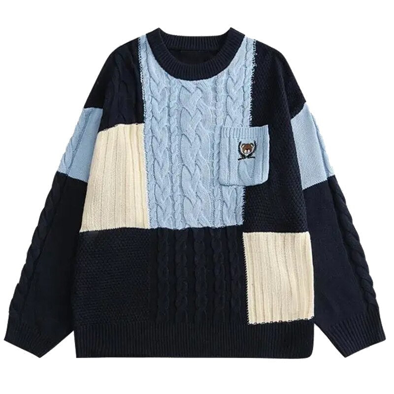 Bonsir Sweater Men Winter New Japanese Bear Embroidery Pocket Knit Pullovers Woman Vintage Hip Hop Streetwear Oversized Sweater