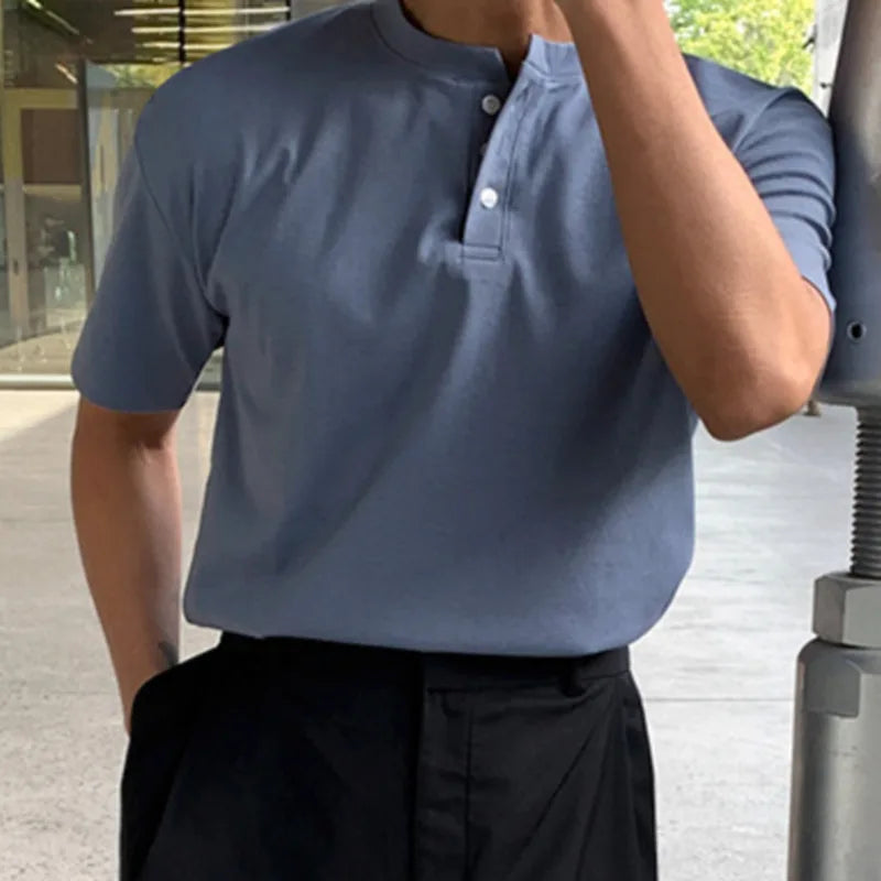 sanyamk - Minimalist New Summer Men's T-shirts Loose Round Neck Short Sleeve Buttons Solid Color Casual Male Tees Fashion 9C6495