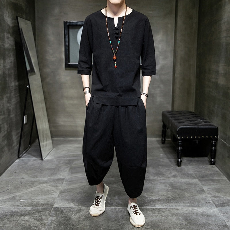 sanyamk Japanese Style Suits Kimono Short-Sleeved T-shirt Pants Two Piece Men Tops Trousers Male Japan Harajuku Yukata Cardigan Costume