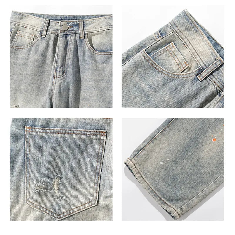 BONSIR - New Ripped Jeans Man Pants Colored Paint Dots Long Straight Casual Denim Trousers Fashion Oversized Streetwear Clothing Men