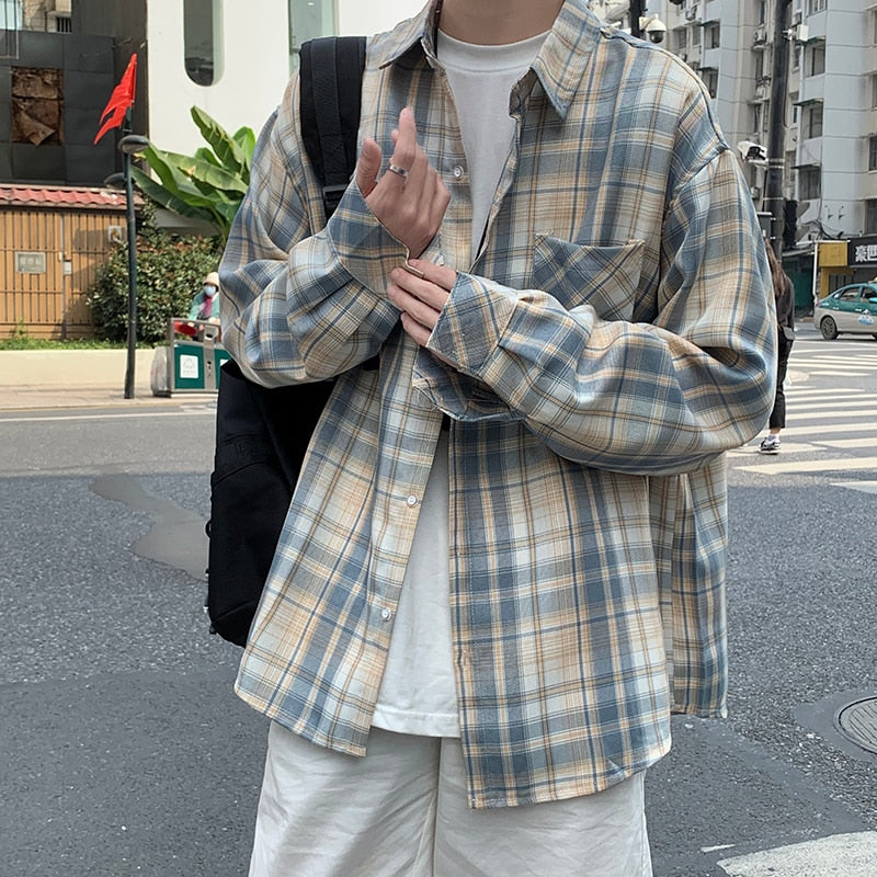 sanyamk New Vintage Plaid Shirt Men Clothing Japanese Korean Fashion Designer Loose Long Sleeve Casual Oversized Shirts for Men