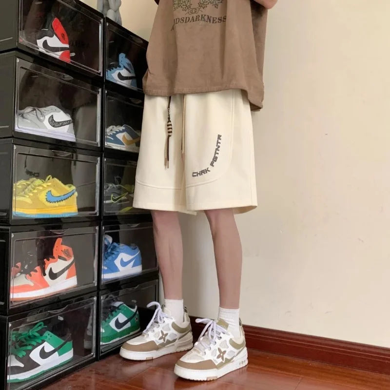 Bonsir Summer New Sports Loose American Vintage Fashion Casual All-match Solid Color Letter Printed Spliced Drawstring Shorts