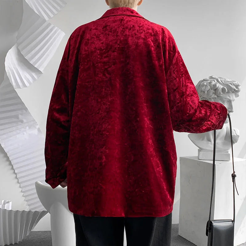 sanyamk - Chic Menswear Red Pleuche Blazers New Loose Notched Double Breasted Suit Jacket Autum Winter Loose fit Coat D0722