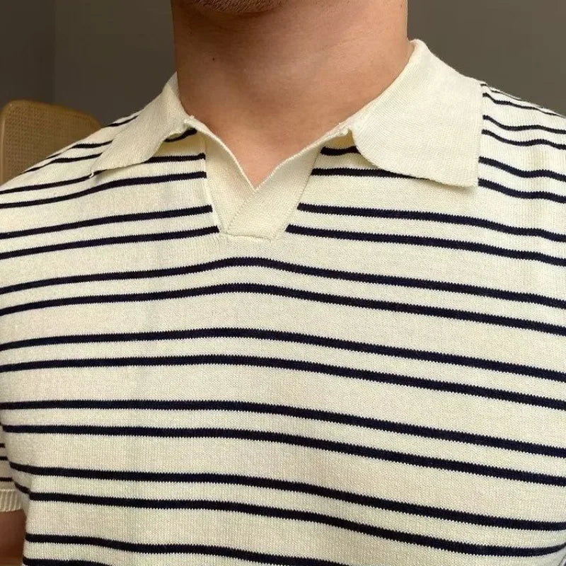 sanyamk - Mature Men Clothing Summer New V-neck Striped Knitted T-shirts for Men Short Sleeve Trend Simple Fashion Lapel Polo Shirts