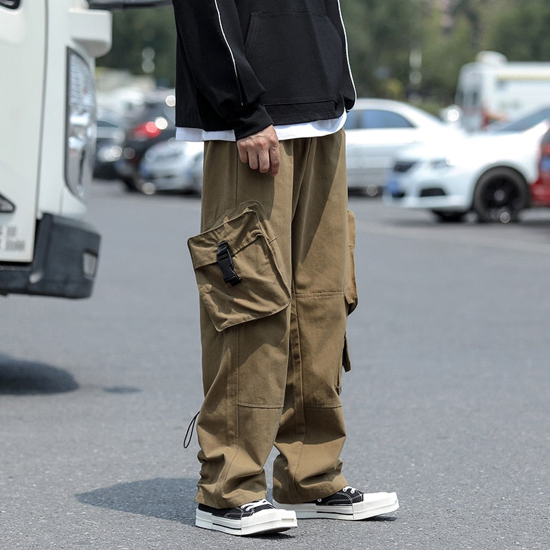 Bonsir Baggy Large Pocket Cargo Pants Men Khaki Cargo Trousers Neutral Vintage Loose Casual Autumn Japanese Streetwear Hip Hop Pant