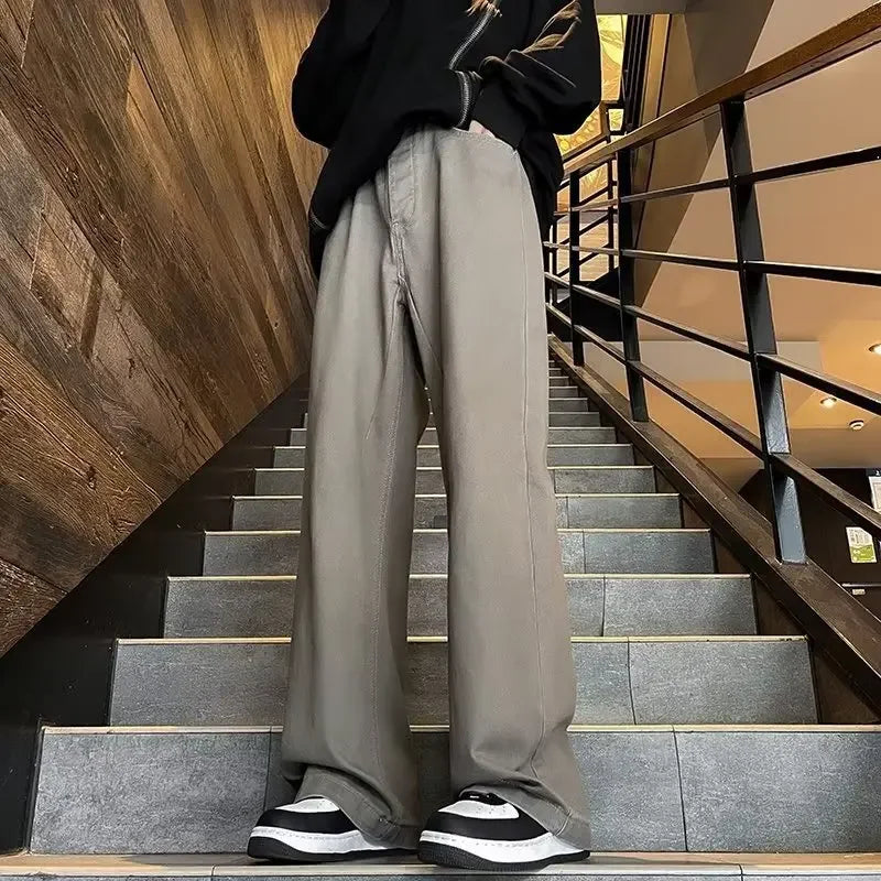 sanyamk Autumn New Men's Jeans Loose-fit Straight-leg Pants Hong Kong Style Casual Fashion Solid Color Bell Bottoms For Men Women