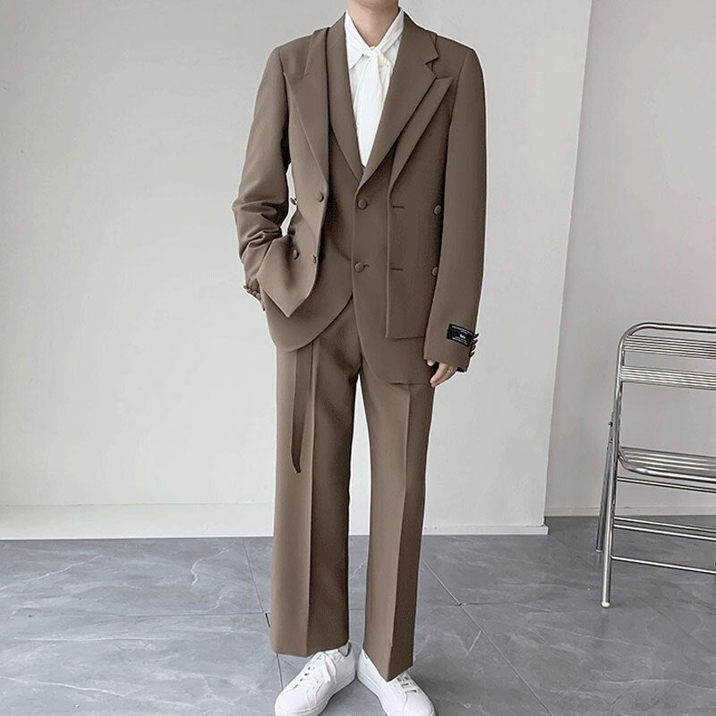 sanyamk Double Collar Design Suits Sets Men Fashion Show Korean Office Business Casual Suits Blazer Jacket Pant Streetwear Suits Man