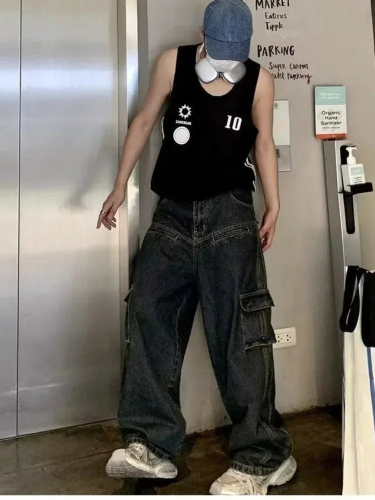 sanyamk Wide Leg Jeans Men Baggy Youthful Style European Hip Hop High Waist Spring Autumn Slouchy Teenagers Full Length Temperament Chic