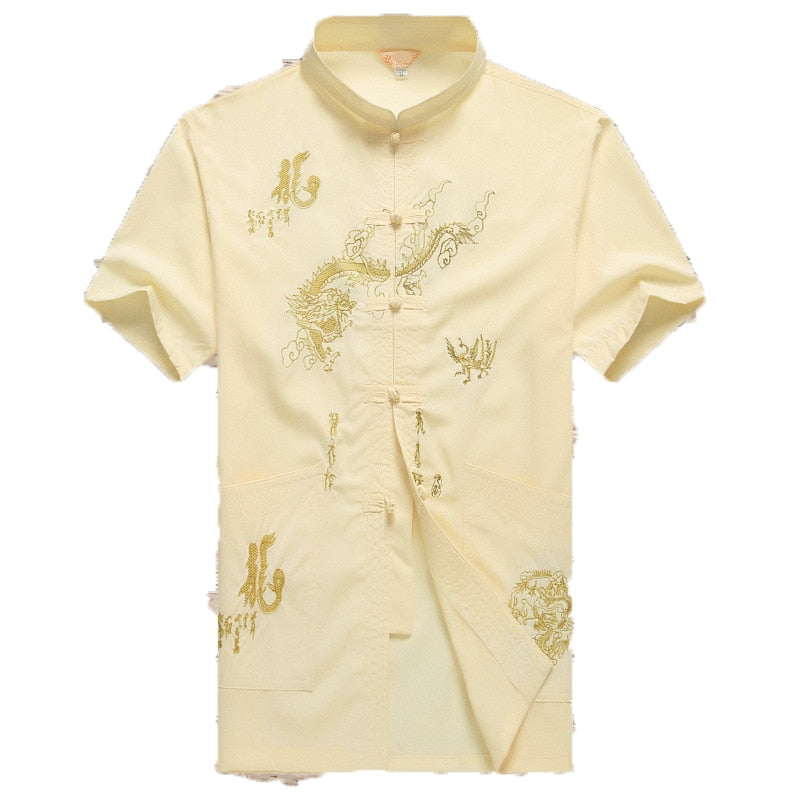 sanyamk Chinese Men Cotton Kung Fu Suit Embroidery Wu Shu Uniform Tai Chi Clothing Short Sleeve Shirt+Pant M L XL XXL XXXL MS013