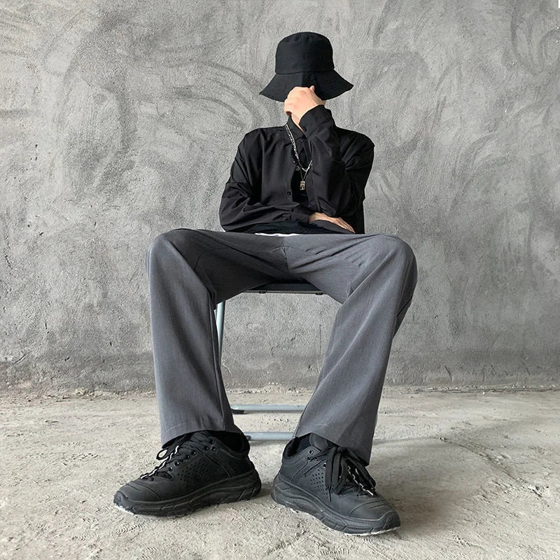sanyamk - Back Men's Zipper Design Suit Pants New Casual Elastic Waist Straight Trousers Streetwear Niche Design Pants 2A0748