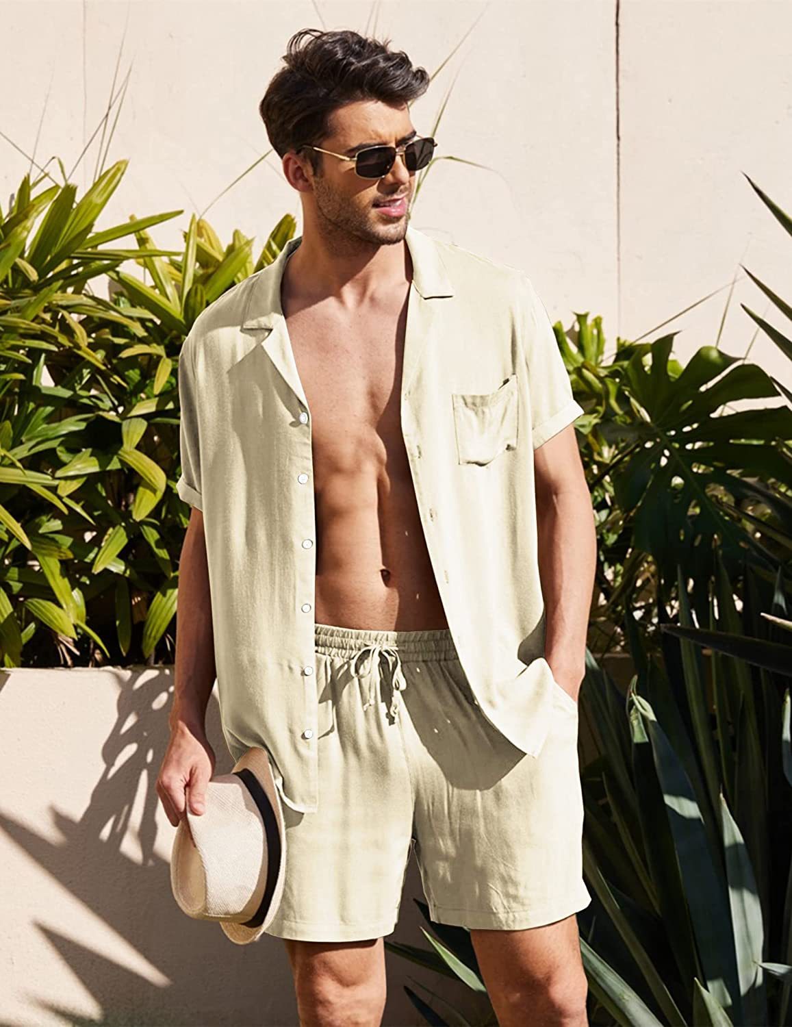 sanyamk Summer Cotton Linen Shirt Set Men's Casual Outdoor 2-Piece Suit Andhome Clothes Pajamas Comfy Breathable Beach Short Sleeve Sets