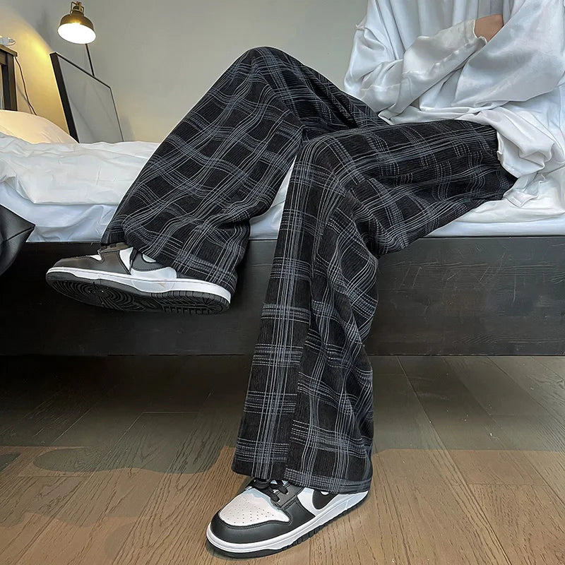 sanyamk - Men's Plaid Corduroy Pants Spring Male Straight All-match Pants Unisex Casual Sweatpants Streetwear Oversize Sport Trousers Wide