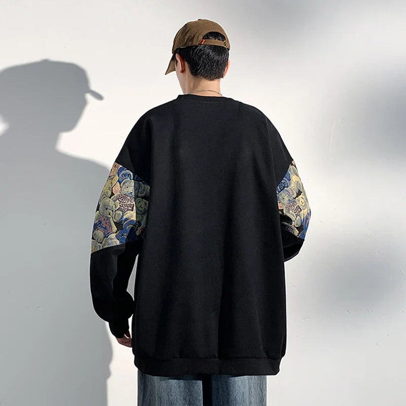sanyamk - Autumn New Men's Sweatshirts Bear Parttern Patchwork Oversized Male Clothing Embroidery Design Round Neck Pullover Tops
