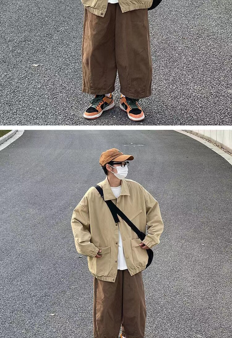 sanyamk Men's Japanese Vintage Lapel Collar Cargo Jackets Work Clothes Harajuku Loose Casual Coats Solid Color Outerwear M-2XL