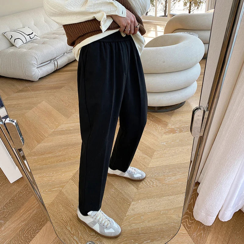 Bonsir - Autumn Elastic Waist Causal Pants For Men Korean Trend Solid Color Dark Pattern Slim Fit Trousers Black Apricot 2Y2313