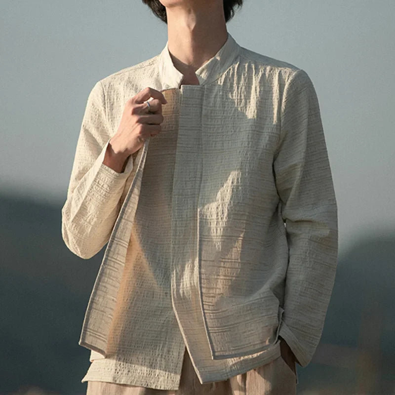 sanyamk - Chinese Style Stand-Up Collar Shirt Men Spring Autumn Linen Tang Suit Shirt Fake Two Loose Plus Size Coat Tai Chi Clothes Male