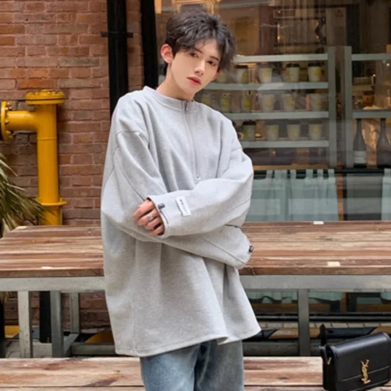 sanyamk - Korean Style Men's Sweatshirts Zippers Round Collar Soldi Color New Trendy Pullover Loose Male Pullover Tops Autumn 9C5565