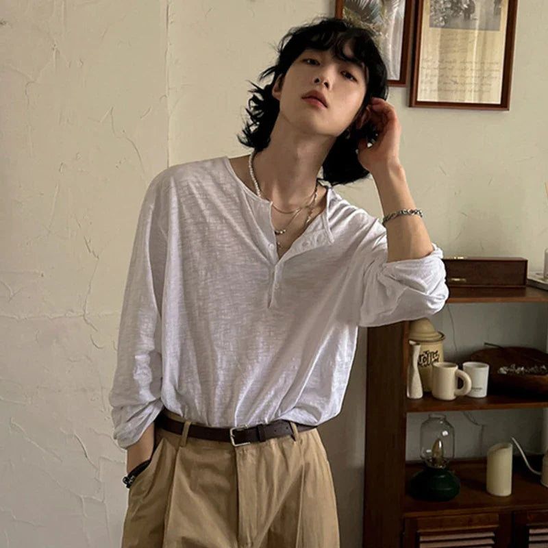 sanyamk - Korean Style Men's T-shirts Loose Button Design Pullover Tops Casual Solid Color Long Sleeve Male Tees Simple New 9C6913