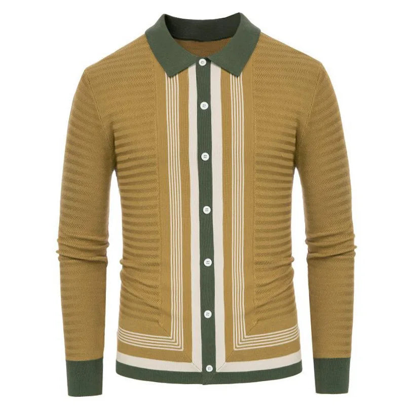 sanyamk Stripe Knit Polo Shirt Spring Autumn Men Long sleeved lapel Knitwear Ice Cool Silk Fabric Business Polos Cardigan Sweater Male