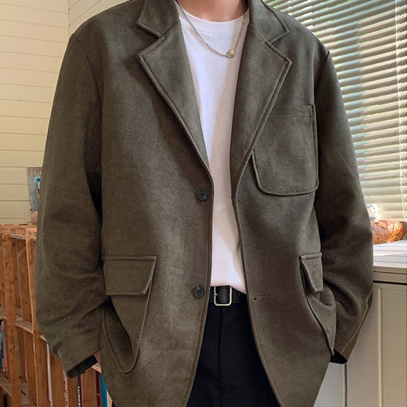 Bonsir Men's Suede Jacket Fashion Solid Color Casual Suit Loose Autumn Korean Style Male Blazers New Brand Clothing