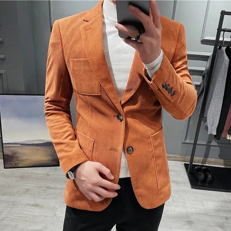 sanyamk British Style Fashion Men's Suit Jacket Slim Fit Handsome Suit Jacket Fashion Men's Business Jacket Corduroy Blazers Size S-3XL