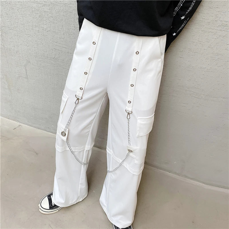 sanyamk - Men Autumn New Fashion Wide Leg Pants Both Metal Chain Decor Big Pockets Elastic Overalls Mens Loose Casual Streetwear Trousers
