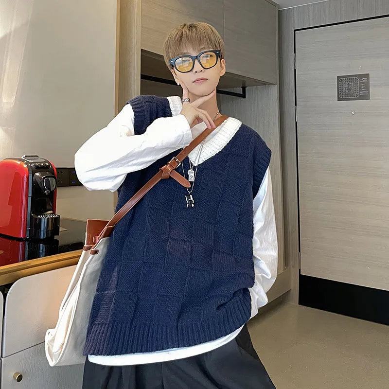 Bonsir Autumn New Men's Khaki V-Neck Knitted Vest Fashion Casual Classic Style Chic Sleeveless Sweater Vest Male Clothing W433