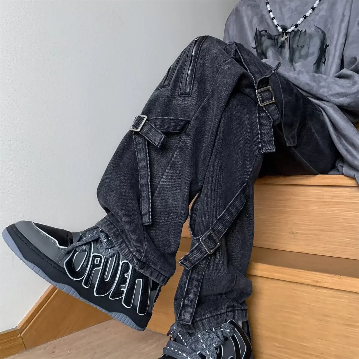 sanyamk American Style Vibezip-up Trendy Jeans For Men Loose-fit Bell Bottoms Ins High Street Gangsta Style Casual Workwear